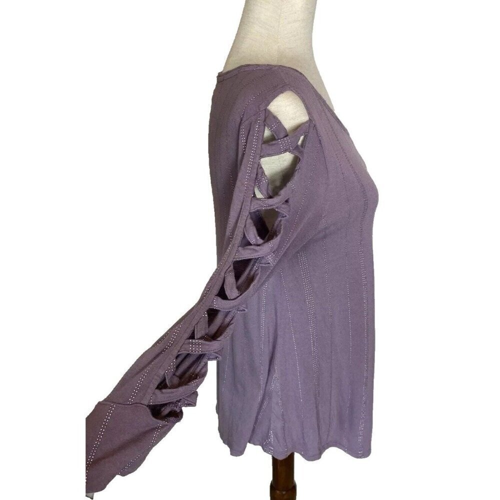 Jennifer Lopez Top Sz M Slit Geometric Sleeve Purple Silver Retro Stripe Sparkle - Picture 4 of 11